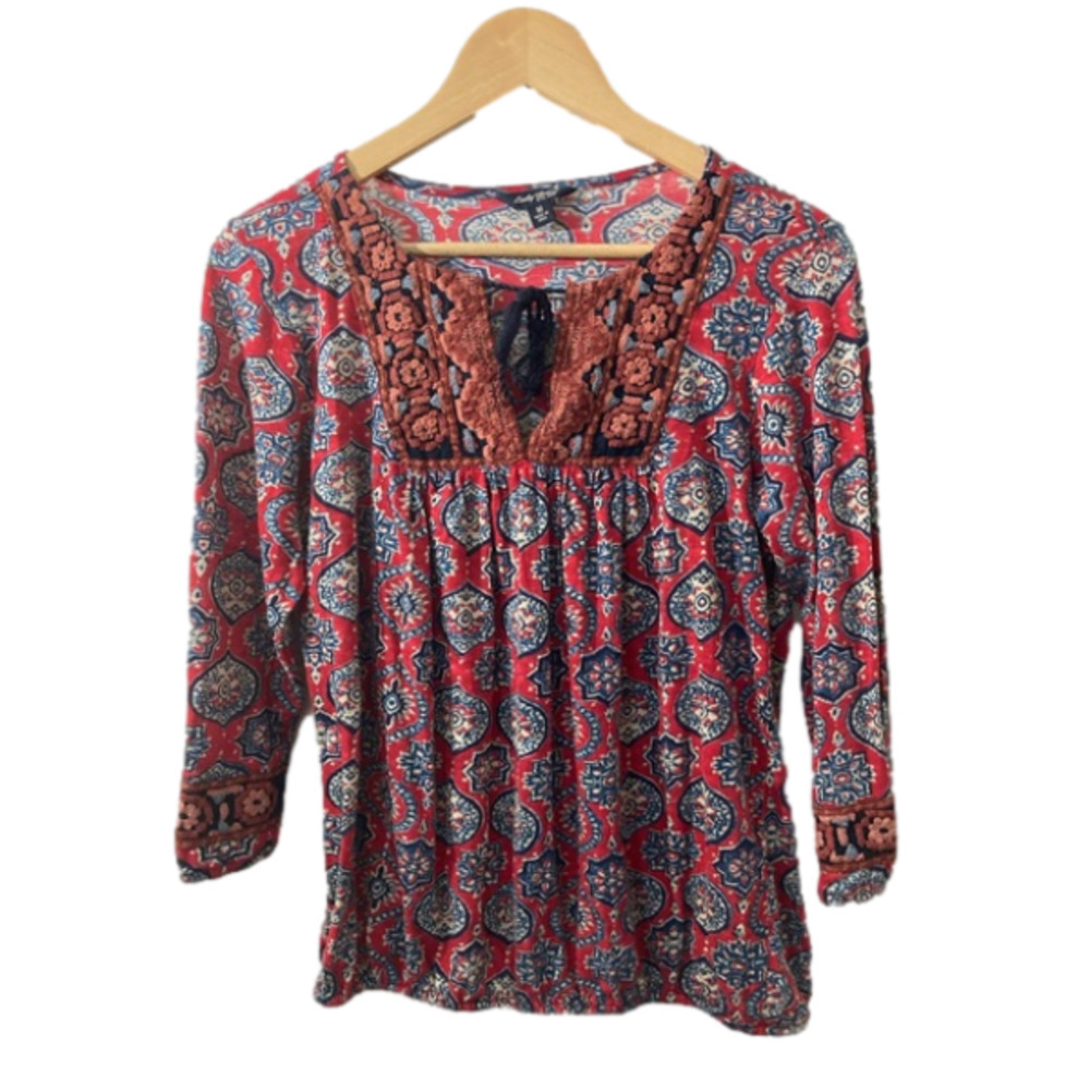 Lucky Brand Medium boho blouse long sleeve tie string keyhole neck